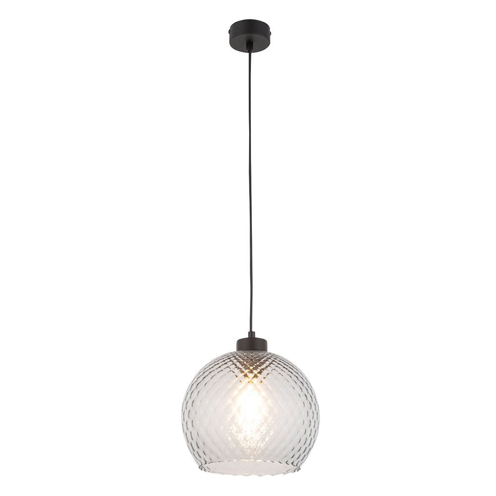 Wisząca lampa z przezroczystym, szklanym kloszem o fakturze w romby, zawieszona na czarnym przewodzie. Źródło światła jest widoczne wewnątrz klosza.