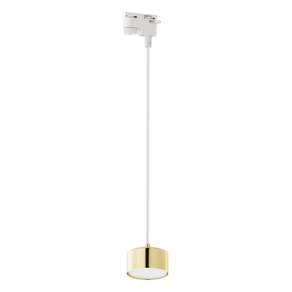 Lampa wisząca z białym przewodem i złotym kloszem, zamontowana na białym szynoprzewodzie. Klosz ma cylindryczny kształt i jednolitą, błyszczącą powierzchnię.