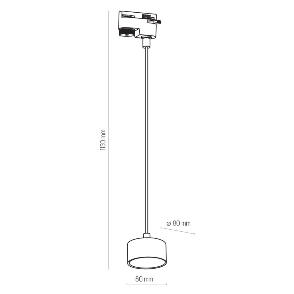 Schematyczny rysunek lampy wiszącej z oznaczeniami wymiarów: wysokość 1150 mm i średnica 80 mm. Lampa ma prosty, cylindryczny klosz i jest przymocowana do szynoprzewodu.