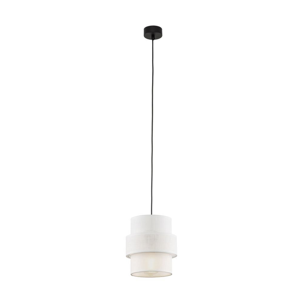 Lampa wisząca z białym kloszem o cylindrycznym kształcie, zawieszona na czarnym przewodzie. Klosz składa się z trzech warstw o różnej średnicy.