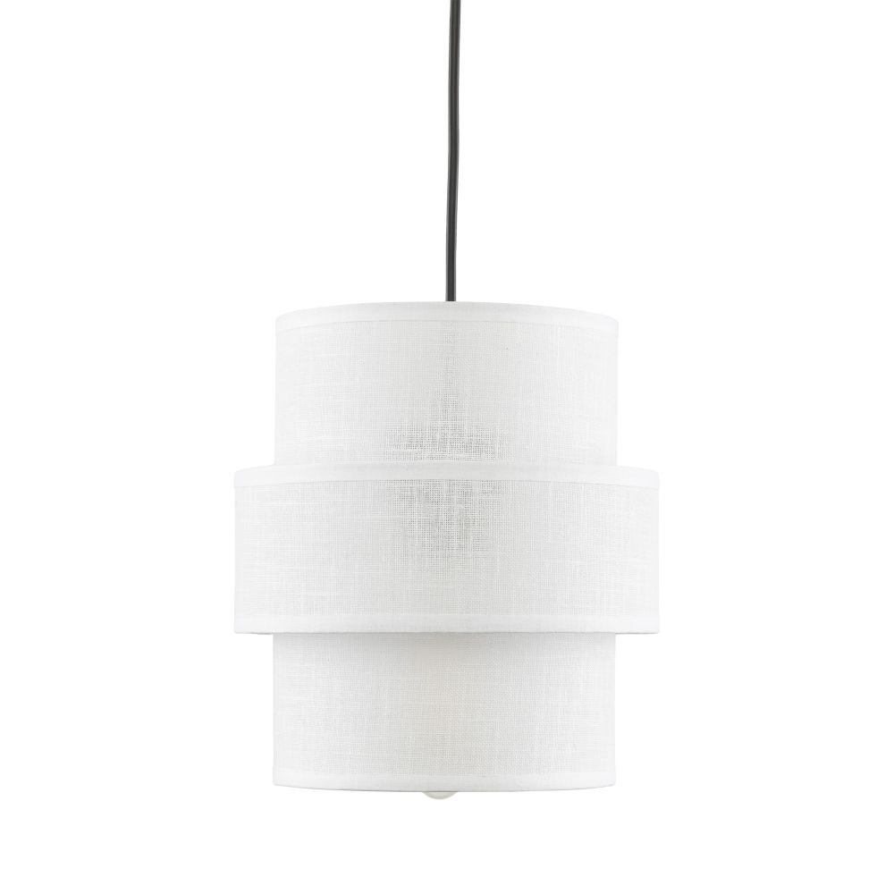 Biała lampa wisząca z dwoma cylindrycznymi kloszami wykonanymi z materiału, zawieszona na czarnym przewodzie. Klosze mają teksturę przypominającą tkaninę.