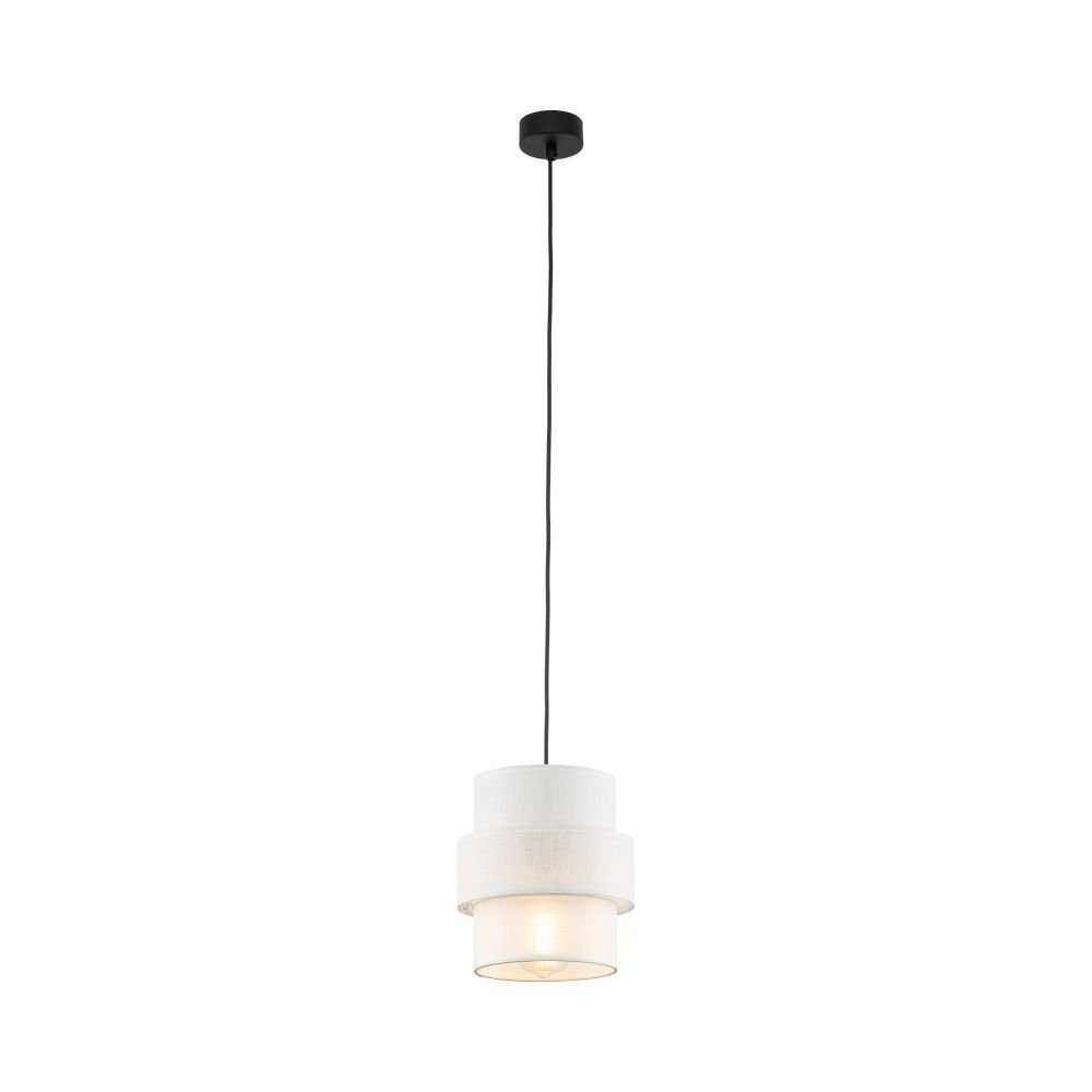 Lampa wisząca z białym kloszem o cylindrycznym kształcie, zawieszona na czarnym przewodzie. Klosz składa się z dwóch warstw, z których dolna jest przezroczysta.