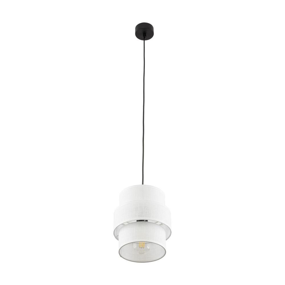 Na obrazie widoczna jest biała lampa wisząca z czarnym przewodem i okrągłym kloszem. Lampa ma prosty, nowoczesny design z metalowymi elementami.
