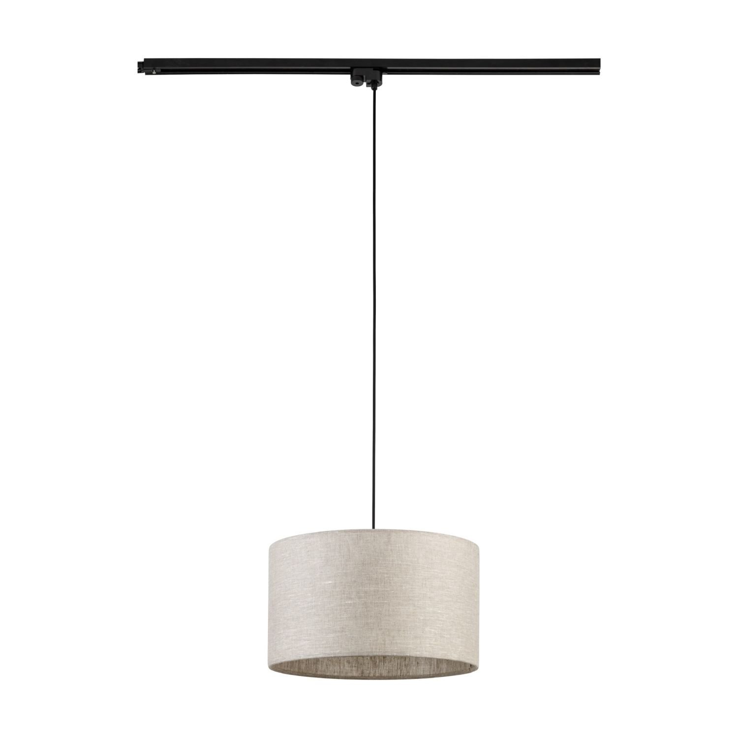 Lampa wisząca z beżowym abażurem zawieszona na czarnej szynie. Kabel jest cienki i czarny, a całość ma minimalistyczny design.