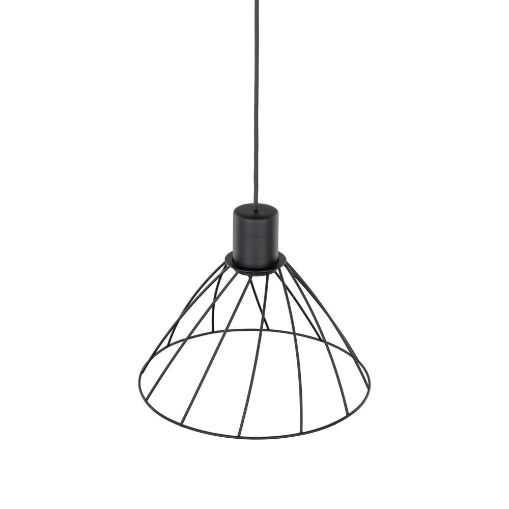 Czarna lampa wisząca z metalowym kloszem w formie otwartej siatki. Lampa posiada przewód umożliwiający regulację wysokości.