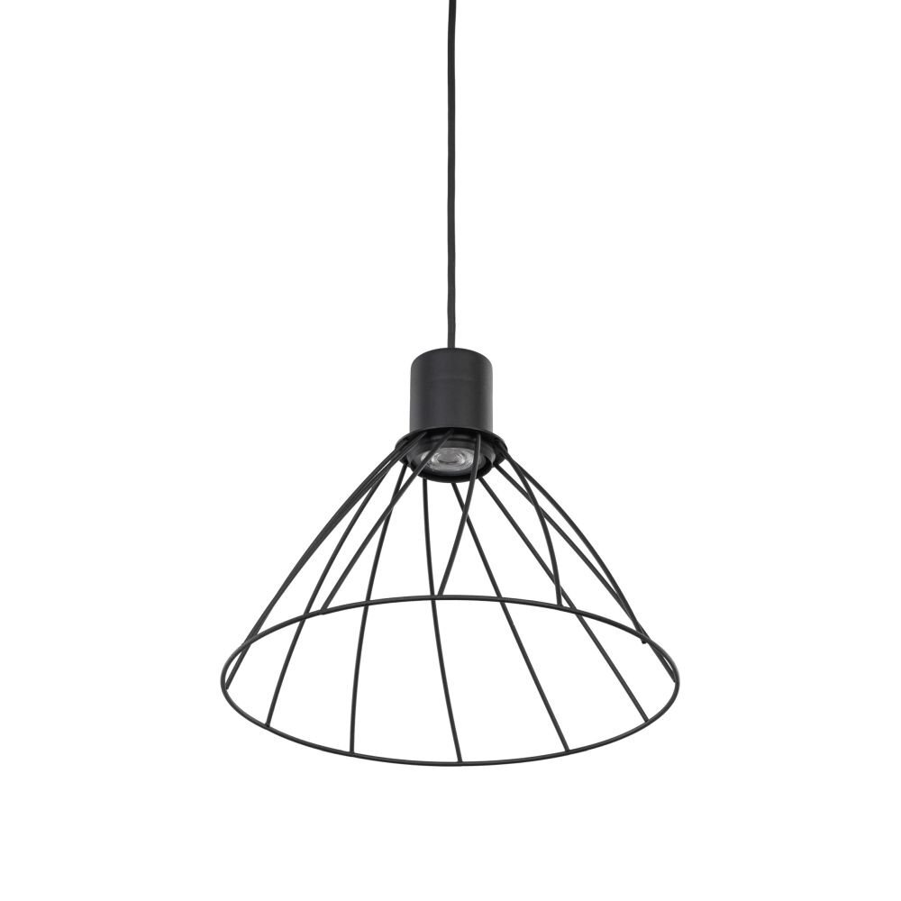 Czarna lampa wisząca z metalowym kloszem w kształcie stożka, wykonanym z cienkich prętów. Lampa posiada przewód umożliwiający regulację wysokości.