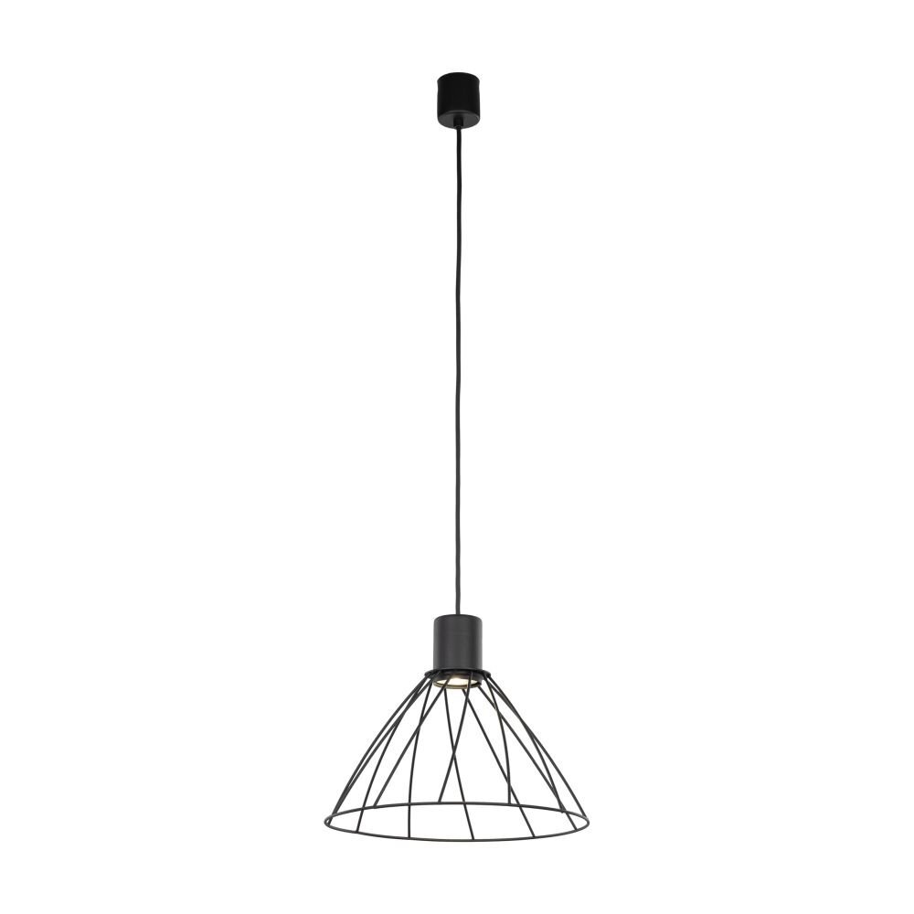 Czarna lampa wisząca z metalowym kloszem w kształcie stożka, zawieszona na długim przewodzie. Klosz ma ażurową konstrukcję z cienkich prętów.