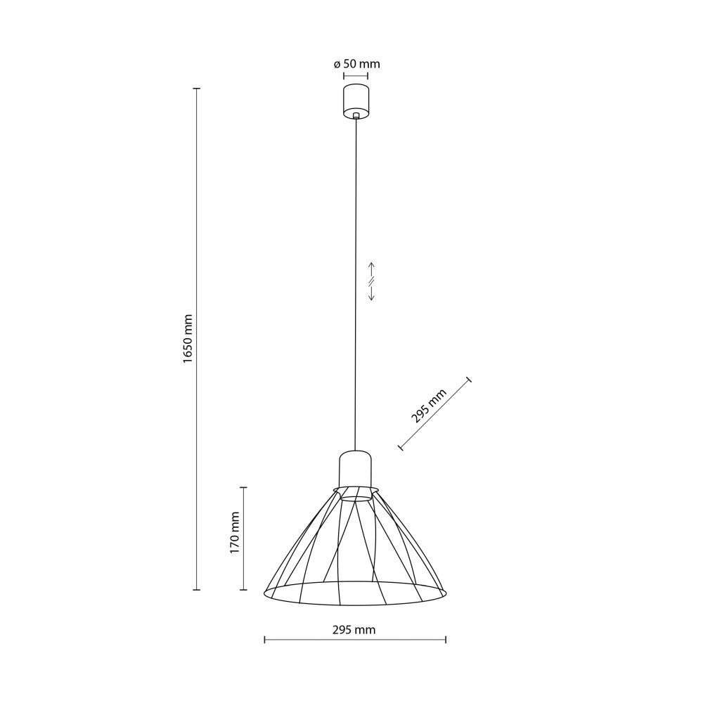 Schemat lampy wiszącej z wymiarami: wysokość całkowita 1650 mm, średnica klosza 295 mm, wysokość klosza 170 mm, średnica mocowania 50 mm. Lampa ma możliwość regulacji wysokości.