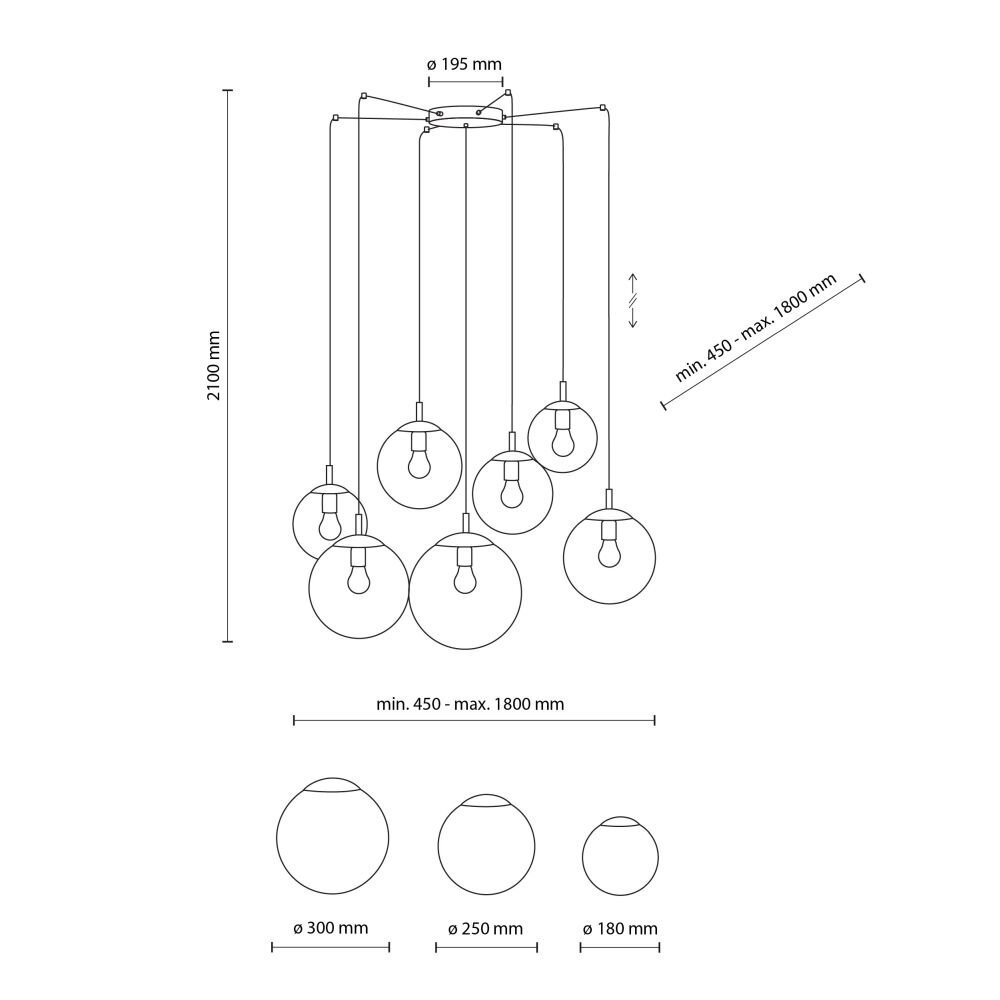 Schemat lampy wiszącej z siedmioma żarówkami w okrągłych kloszach, z możliwością regulacji wysokości do 2100 mm. Wymiary kloszy to 300 mm, 250 mm i 180 mm, a rozstawienie lamp wynosi od 450 mm do 1800 mm.