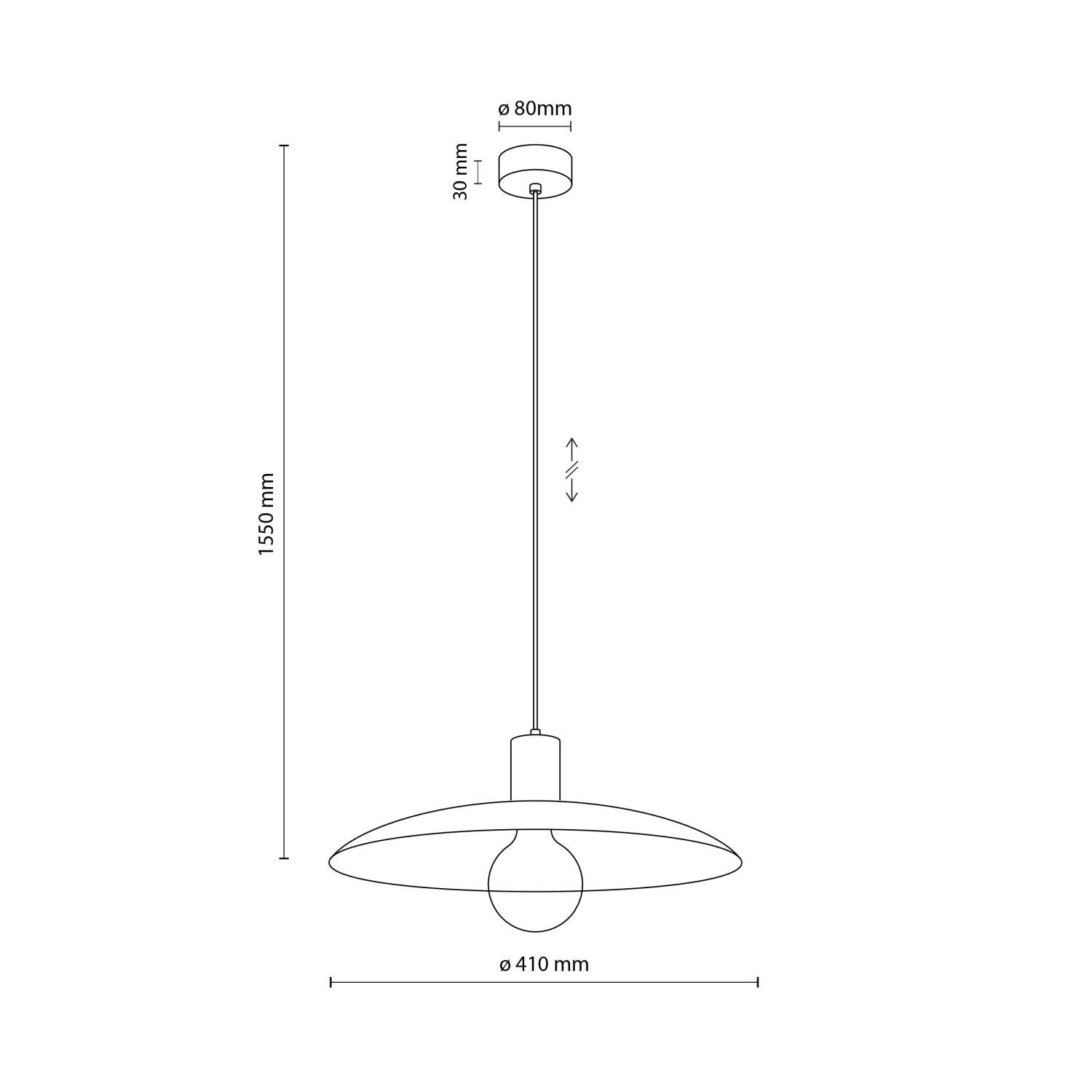 Schematyczny rysunek lampy wiszącej z okrągłym kloszem i żarówką, z wymiarami: wysokość 1550 mm, średnica klosza 410 mm, średnica mocowania 80 mm, wysokość mocowania 30 mm. Widoczna jest możliwość regulacji wysokości.