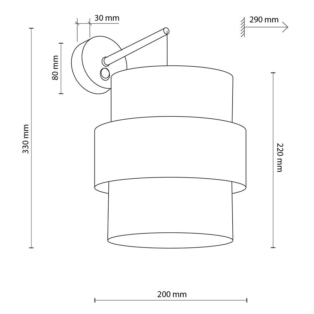 Schematyczny rysunek kinkietu ściennego z wymiarami: 330 mm wysokości, 200 mm szerokości, 290 mm odległości od ściany. Widoczne są elementy montażowe oraz abażur o wysokości 220 mm.