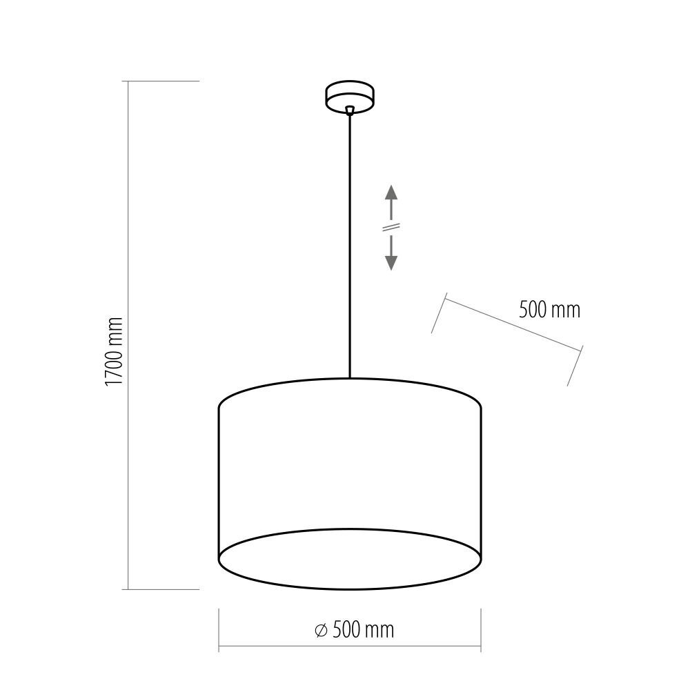 Schematyczny rysunek lampy wiszącej z cylindrycznym kloszem o średnicy 500 mm i regulowanej wysokości do 1700 mm. Widoczne są strzałki wskazujące możliwość regulacji wysokości oraz wymiary 500 mm i 1700 mm.