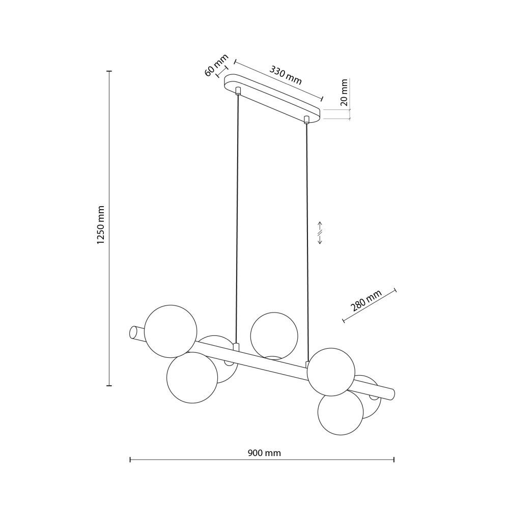 Schematyczny rysunek lampy wiszącej z wymiarami: 1250 mm wysokości, 900 mm szerokości i 280 mm głębokości. Lampa posiada siedem kulistych kloszy rozmieszczonych na poziomej belce.