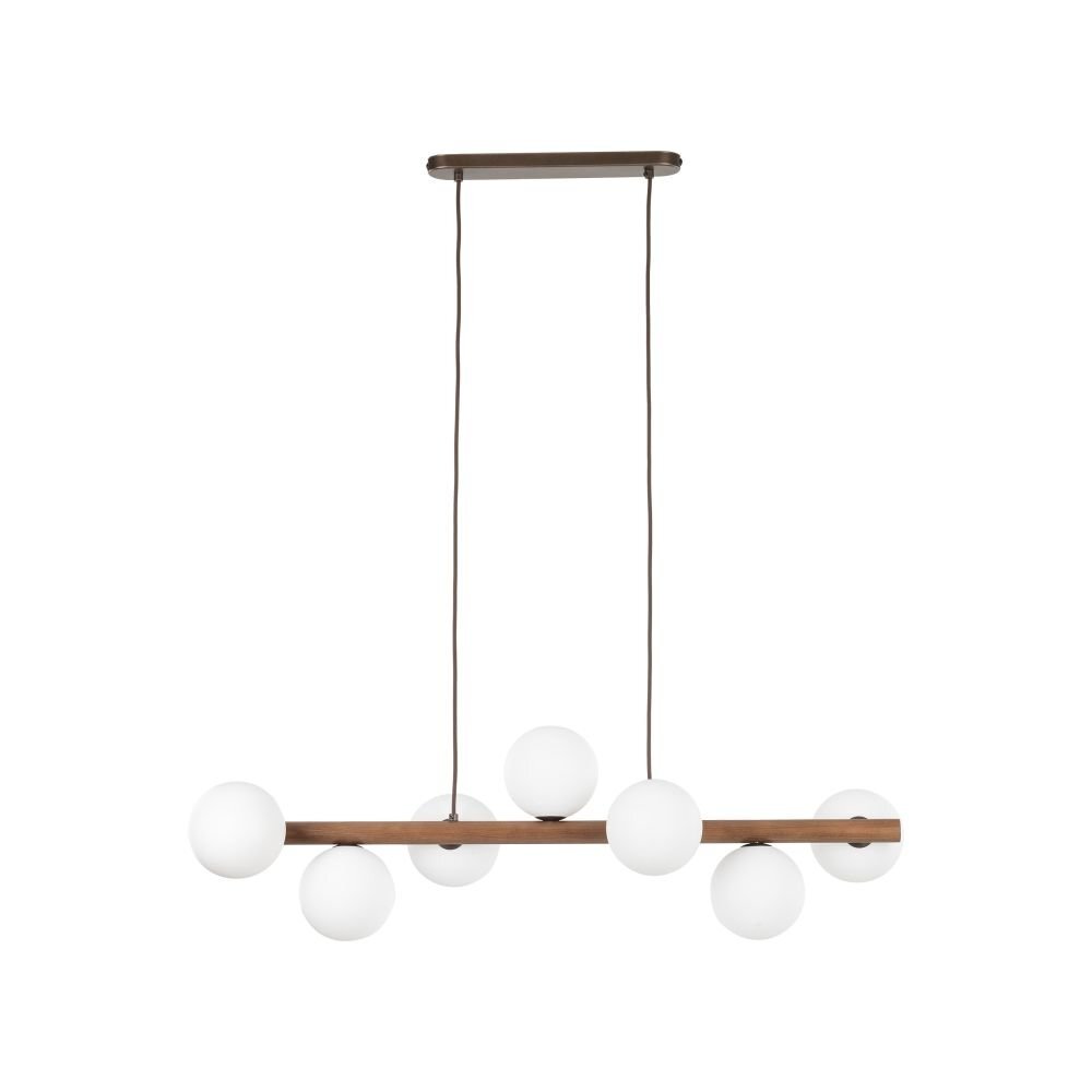 Lampa wisząca z drewnianym elementem w kolorze orzecha, wyposażona w siedem białych, kulistych kloszy. Lampa jest zawieszona na dwóch ciemnych przewodach przymocowanych do prostokątnej podsufitki.