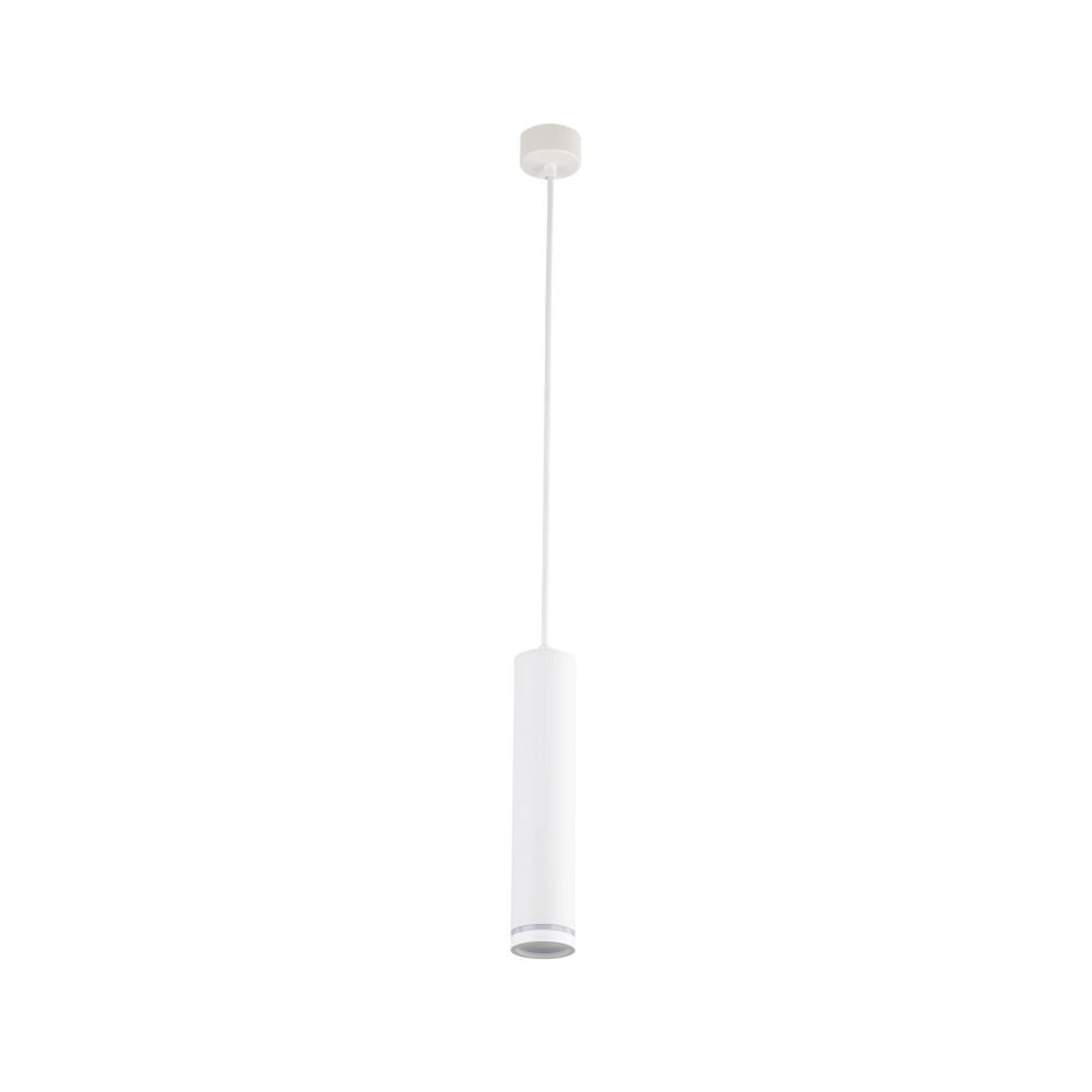 Biała, cylindryczna lampa wisząca z metalowym kloszem i regulowanym przewodem. Przeznaczona na żarówkę GU10 LED, minimalistyczny design.