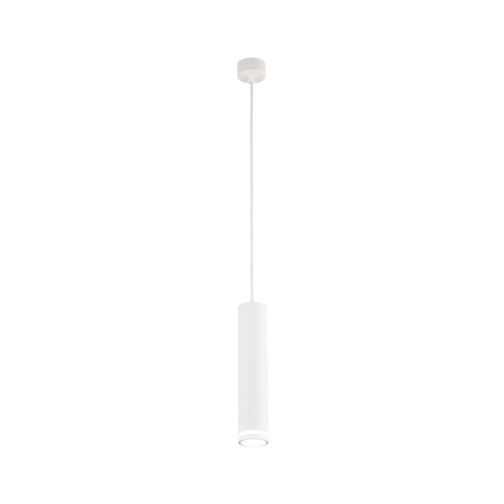 Biała, cylindryczna lampa wisząca z metalowym kloszem i regulowanym przewodem. Lampa jest minimalistyczna i przeznaczona na żarówkę GU10 LED.