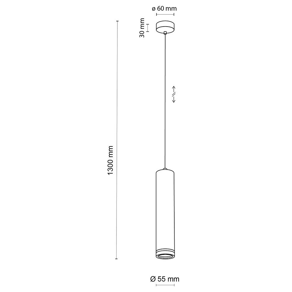 Schematyczny rysunek lampy wiszącej z wymiarami: wysokość 1300 mm, średnica klosza 55 mm, średnica podsufitki 60 mm, wysokość podsufitki 30 mm. Lampa ma regulowaną wysokość i oprawę na żarówkę GU10 LED.