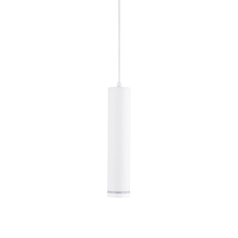 Biała, cylindryczna lampa wisząca z metalowym wykończeniem i regulacją wysokości. Lampa posiada oprawę na żarówkę GU10 LED.