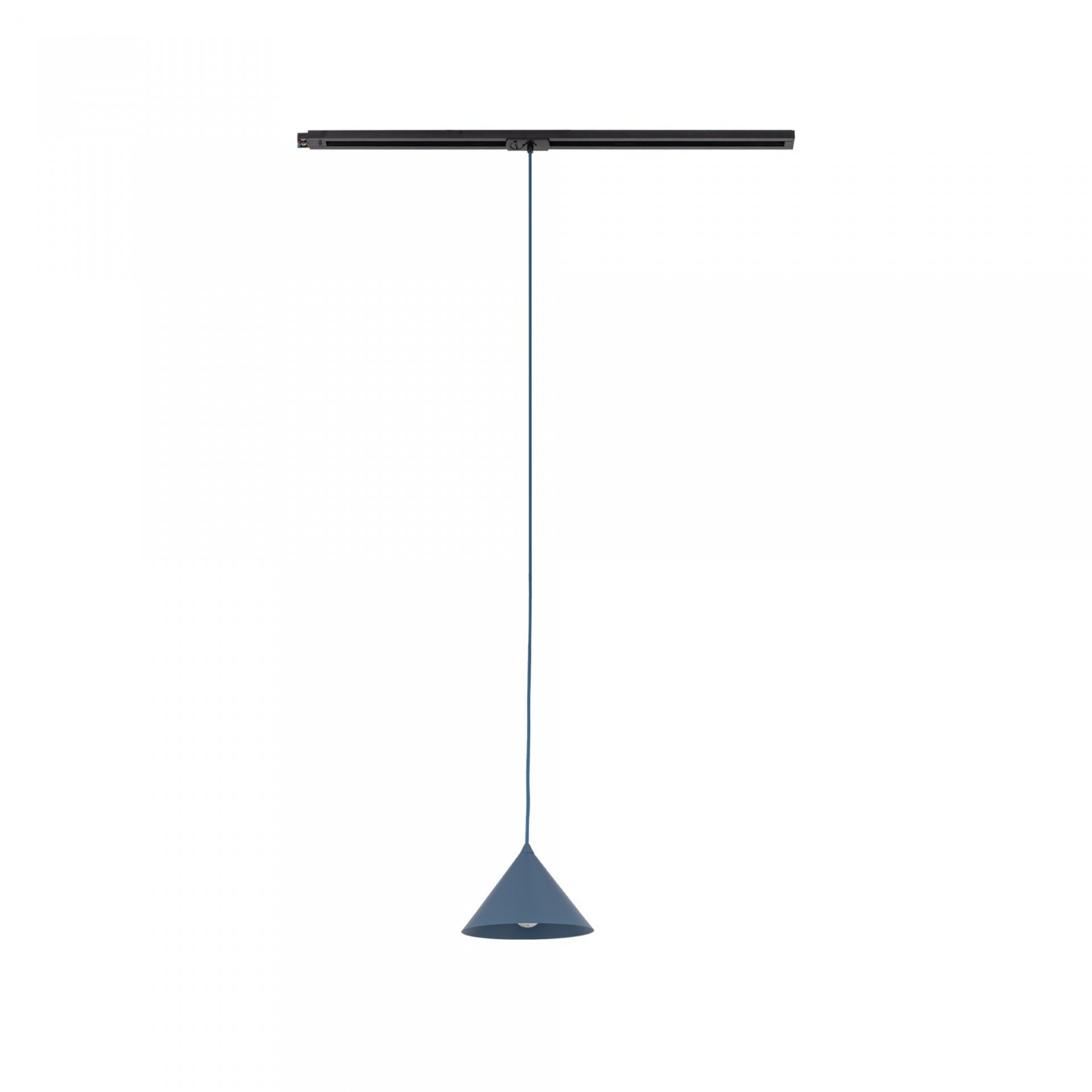 Na obrazie widoczna jest niebieska lampa wisząca o stożkowym kształcie, zawieszona na cienkim przewodzie przymocowanym do czarnej szyny. Lampa ma stalową oprawę i jest przeznaczona do montażu na szynie sufitowej.
