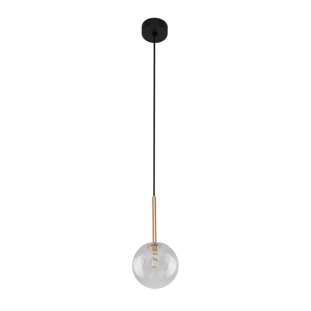 Lampa wisząca z czarnym przewodem i złotym elementem, zakończona przezroczystą kulą. Lampa jest elegancka i ma możliwość regulacji wysokości.
