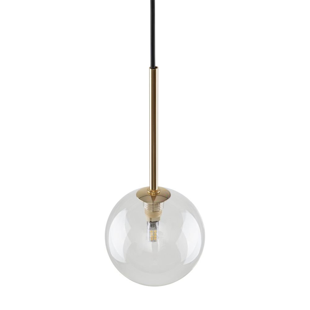 Lampa wisząca z przezroczystym, kulistym kloszem i złotym uchwytem. Czarny przewód prowadzi do górnej części lampy.