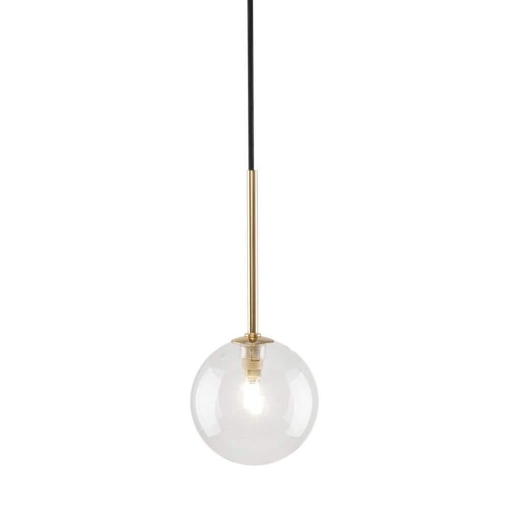 Lampa wisząca z przezroczystym, kulistym kloszem i złotym uchwytem, zawieszona na czarnym przewodzie. Wewnątrz klosza widoczna jest żarówka.