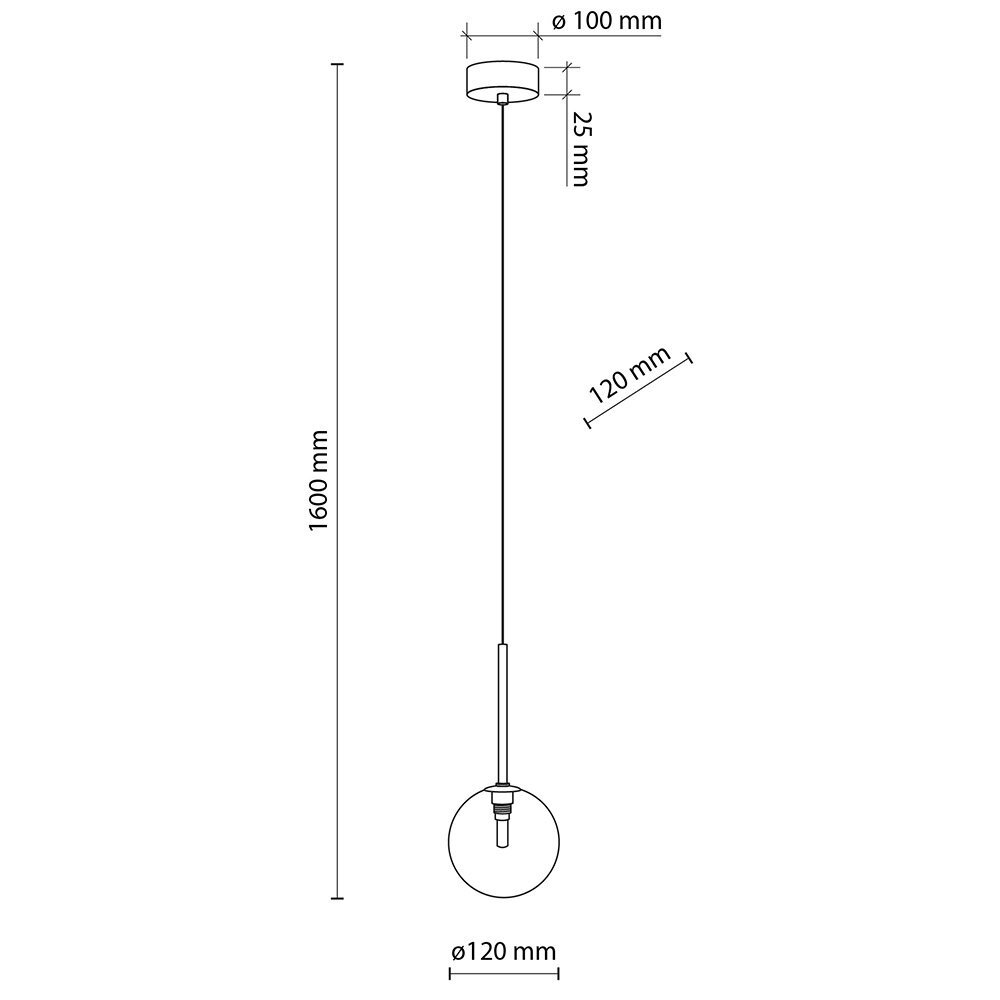 Schemat lampy wiszącej z wymiarami: wysokość 1600 mm, średnica klosza 120 mm, średnica podsufitki 100 mm, wysokość podsufitki 25 mm. Lampa posiada regulację wysokości i jest przeznaczona do montażu na suficie.