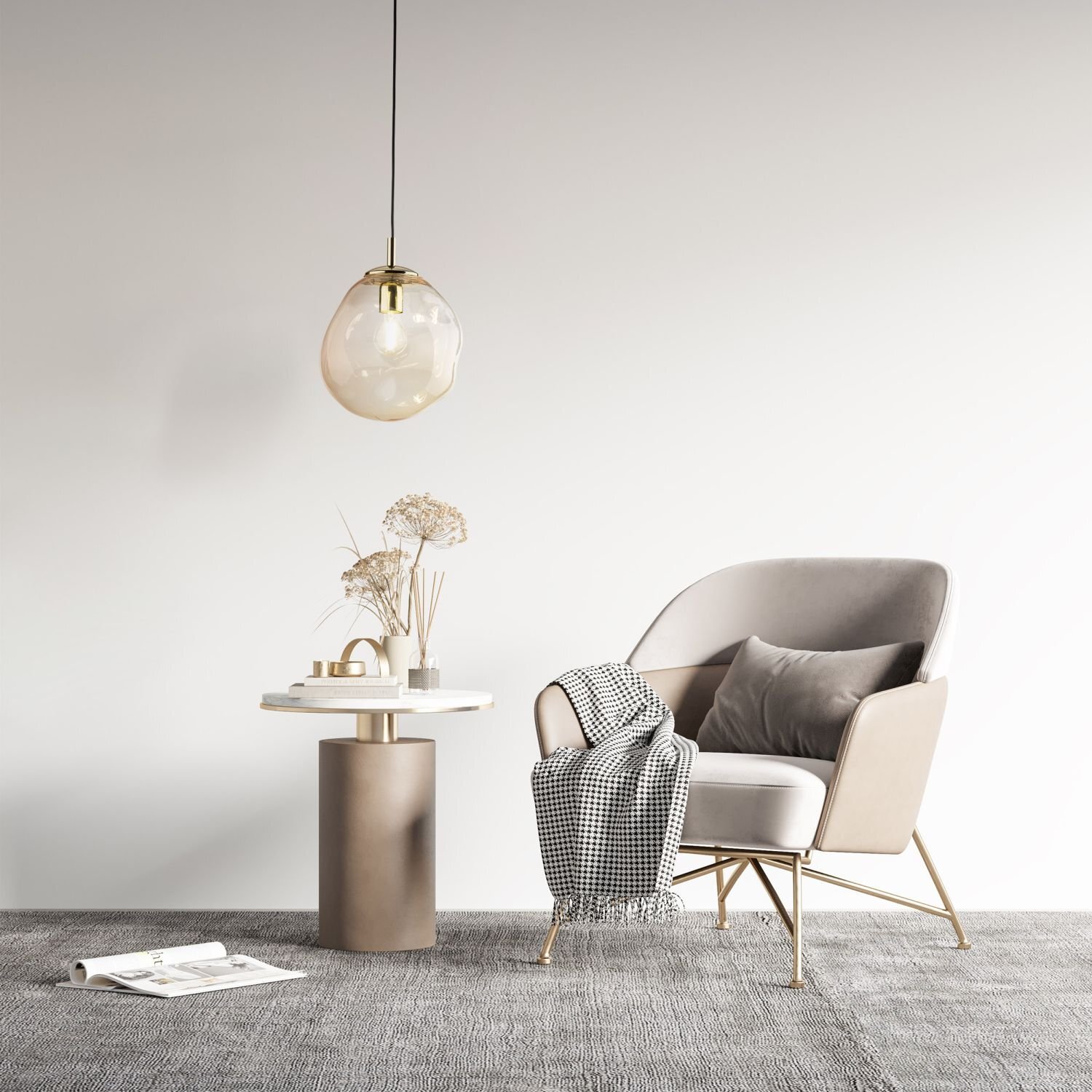 Na obrazie widoczna jest lampa wisząca z bursztynowym kloszem oraz elegancki fotel z poduszką i kocem obok stolika z dekoracjami. Całość znajduje się na szarym dywanie w minimalistycznym wnętrzu.