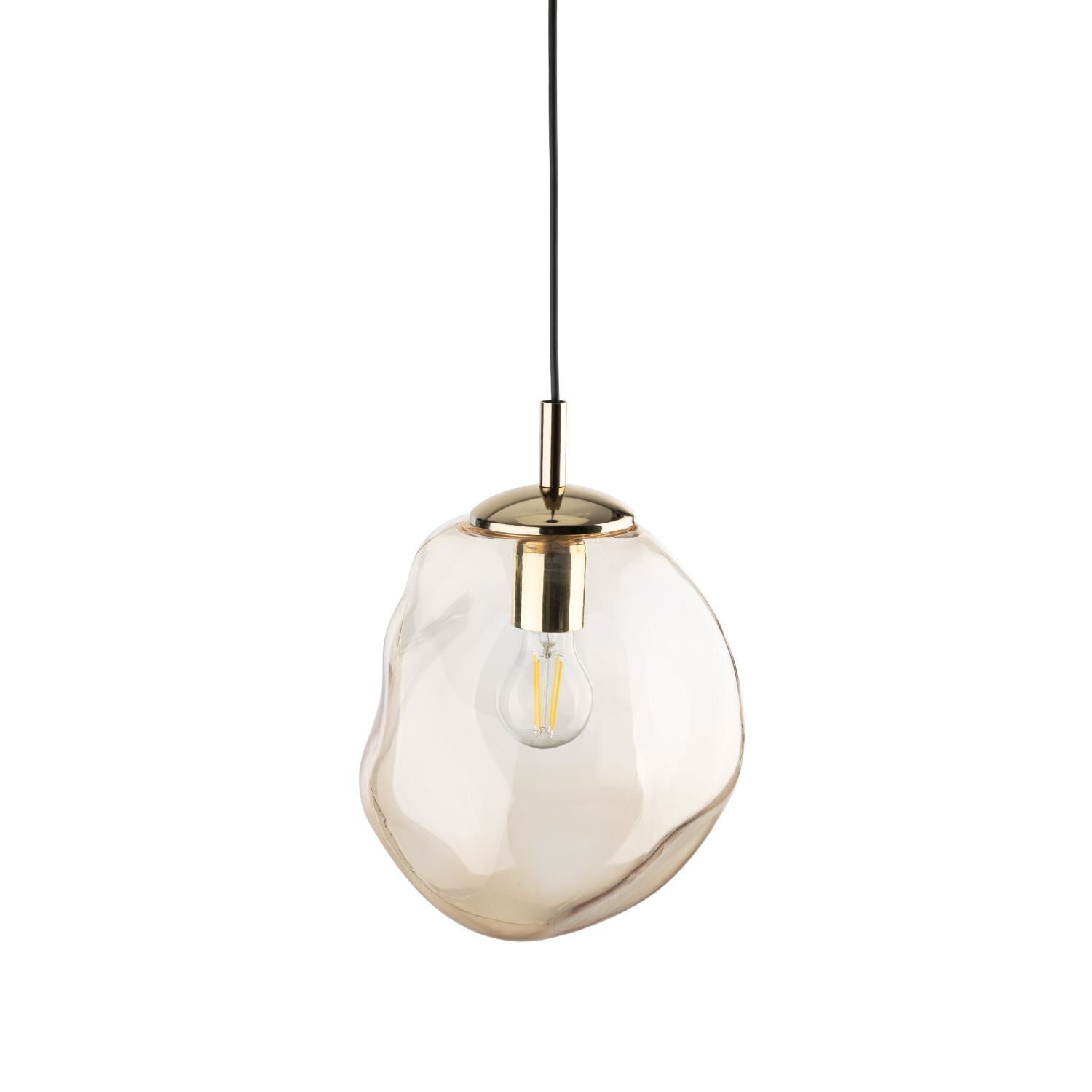 Lampa wisząca z bursztynowym kloszem o nieregularnym kształcie i czarno-złotym wykończeniu. Wewnątrz klosza widoczna jest żarówka E27.