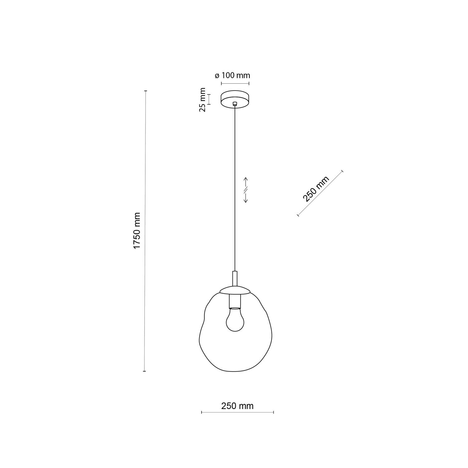Schematyczny rysunek lampy wiszącej z wymiarami: wysokość całkowita 1760 mm, średnica klosza 250 mm, średnica mocowania sufitowego 100 mm. Widoczna jest możliwość regulacji wysokości oraz żarówka wewnątrz klosza.