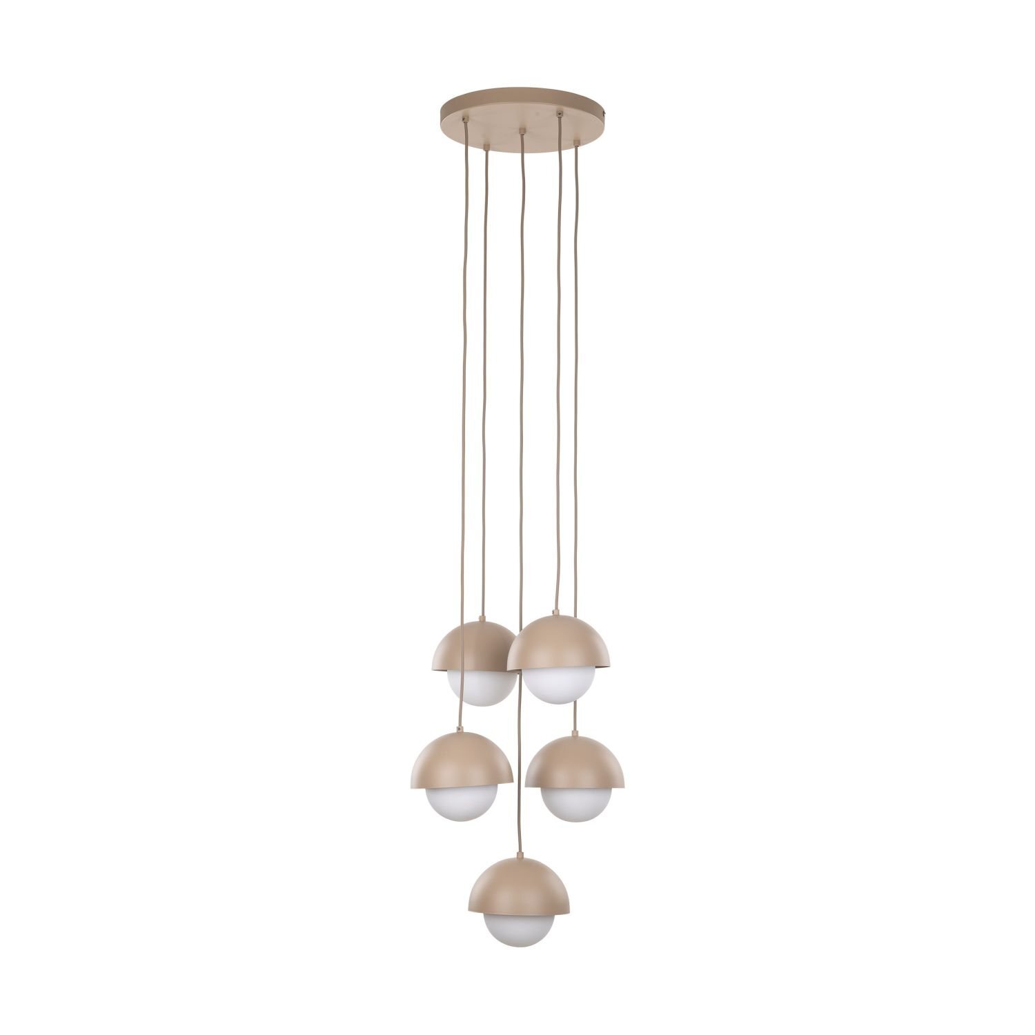Na obrazie widoczna jest lampa wisząca z pięcioma kloszami w kształcie półkul, w kolorze beżowym. Klosze są zawieszone na cienkich przewodach, które łączą się z okrągłą podsufitką.