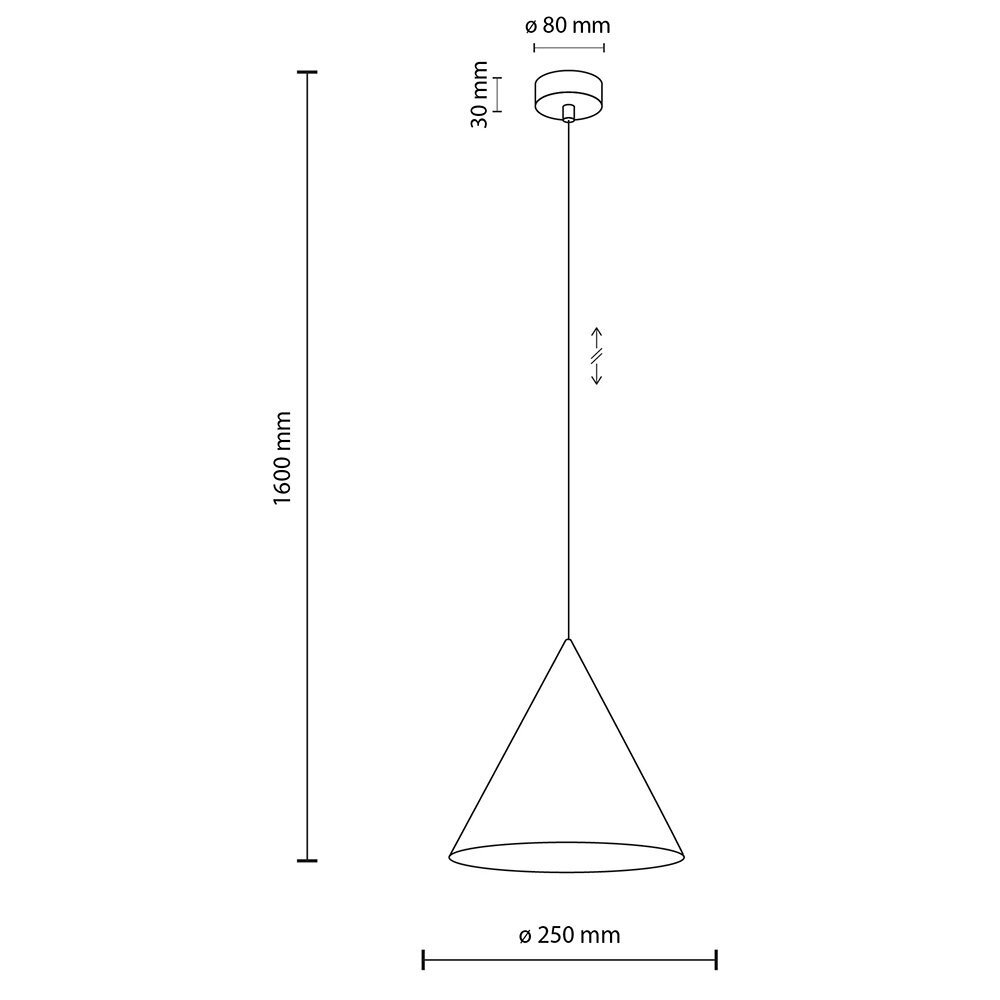 Schematyczny rysunek lampy wiszącej z kloszem w kształcie stożka. Wymiary: wysokość 1600 mm, średnica klosza 250 mm, średnica mocowania 80 mm, wysokość mocowania 30 mm.