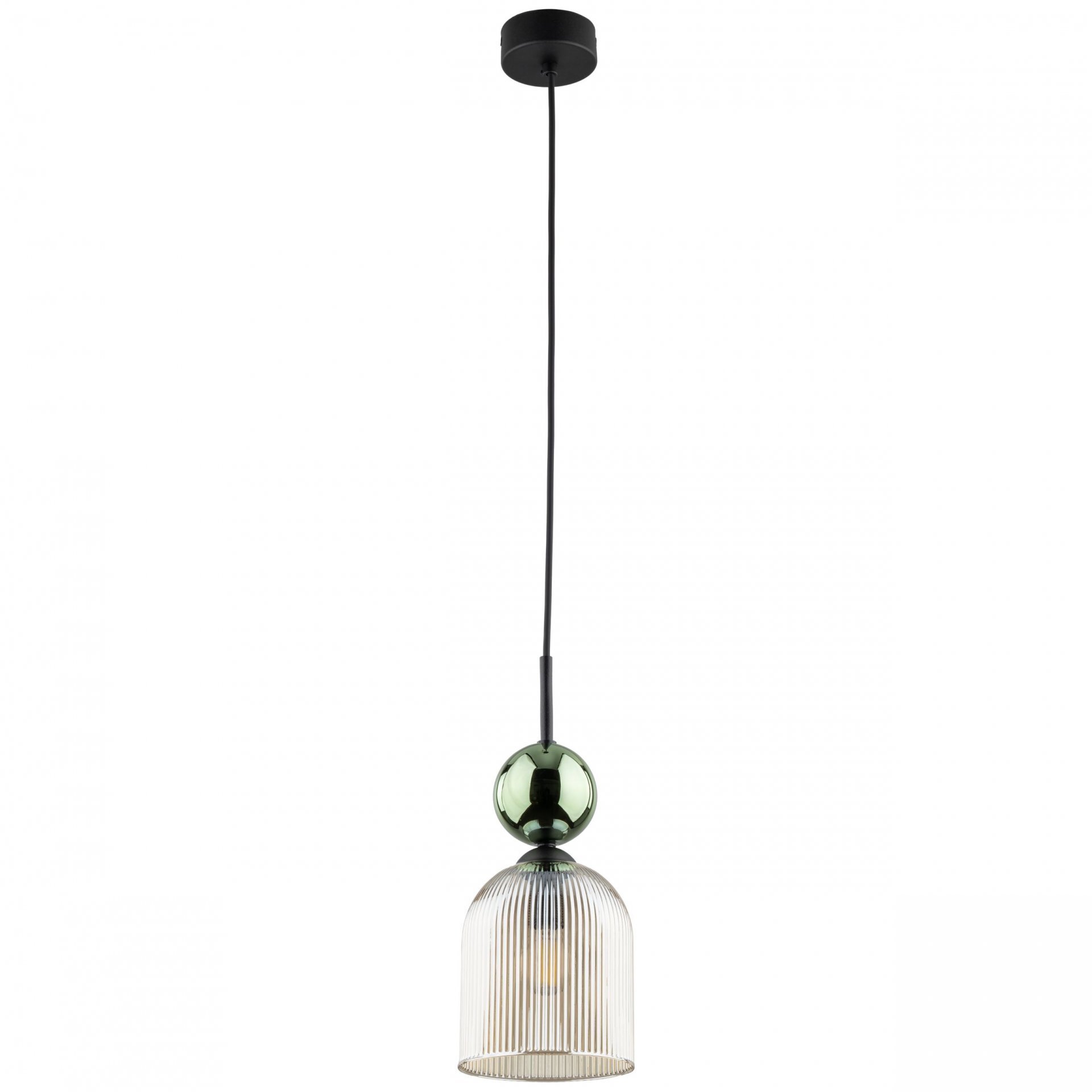 Lampa wisząca z zielono-bursztynowym szklanym kloszem i czarnym przewodem. Klosz ma pionowe żłobienia, a nad nim znajduje się zielona, błyszcząca kula.