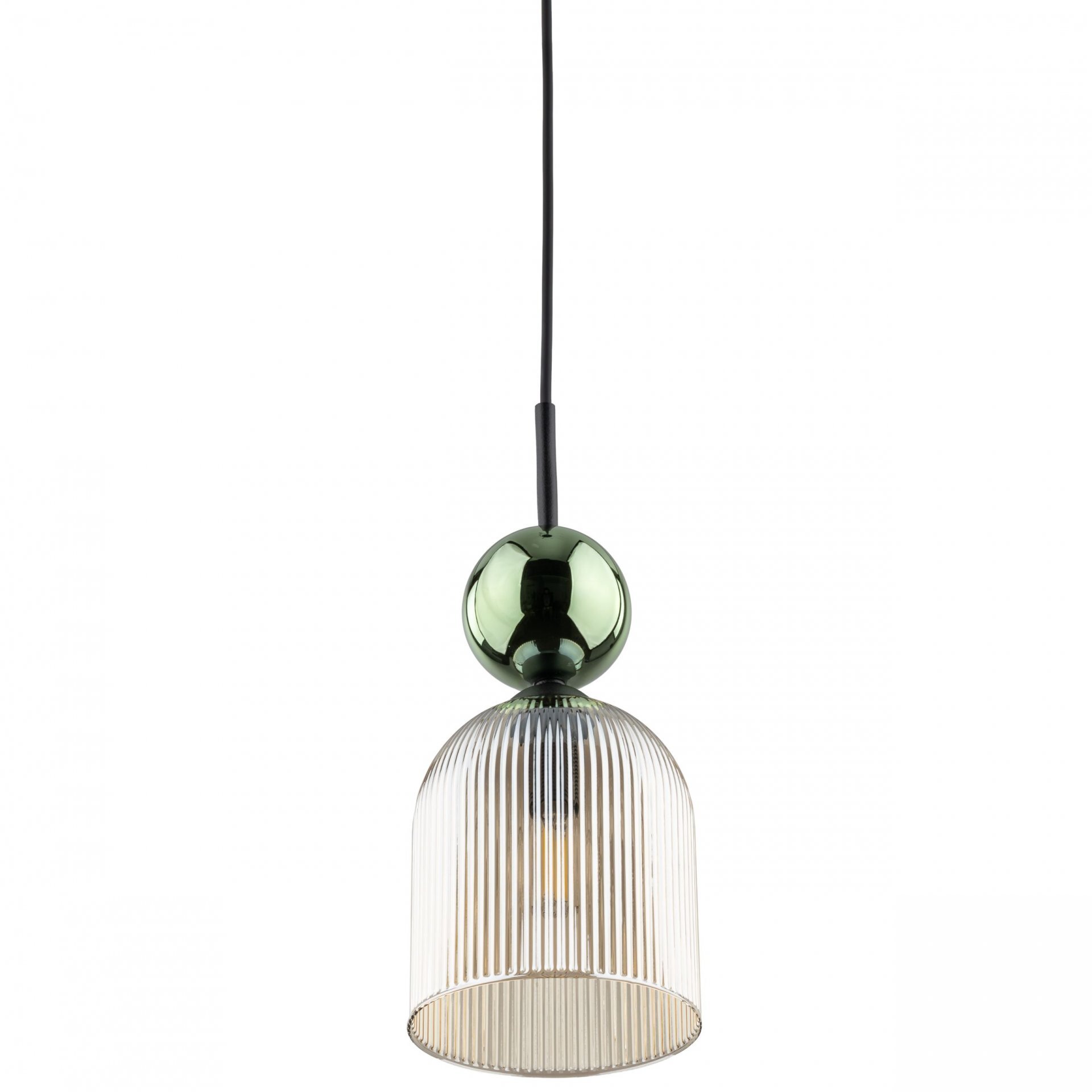 Lampa wisząca z zielono-bursztynowym szklanym kloszem o żebrowanej strukturze, zawieszona na czarnym przewodzie. Górna część klosza ma kulisty kształt w zielonym kolorze.