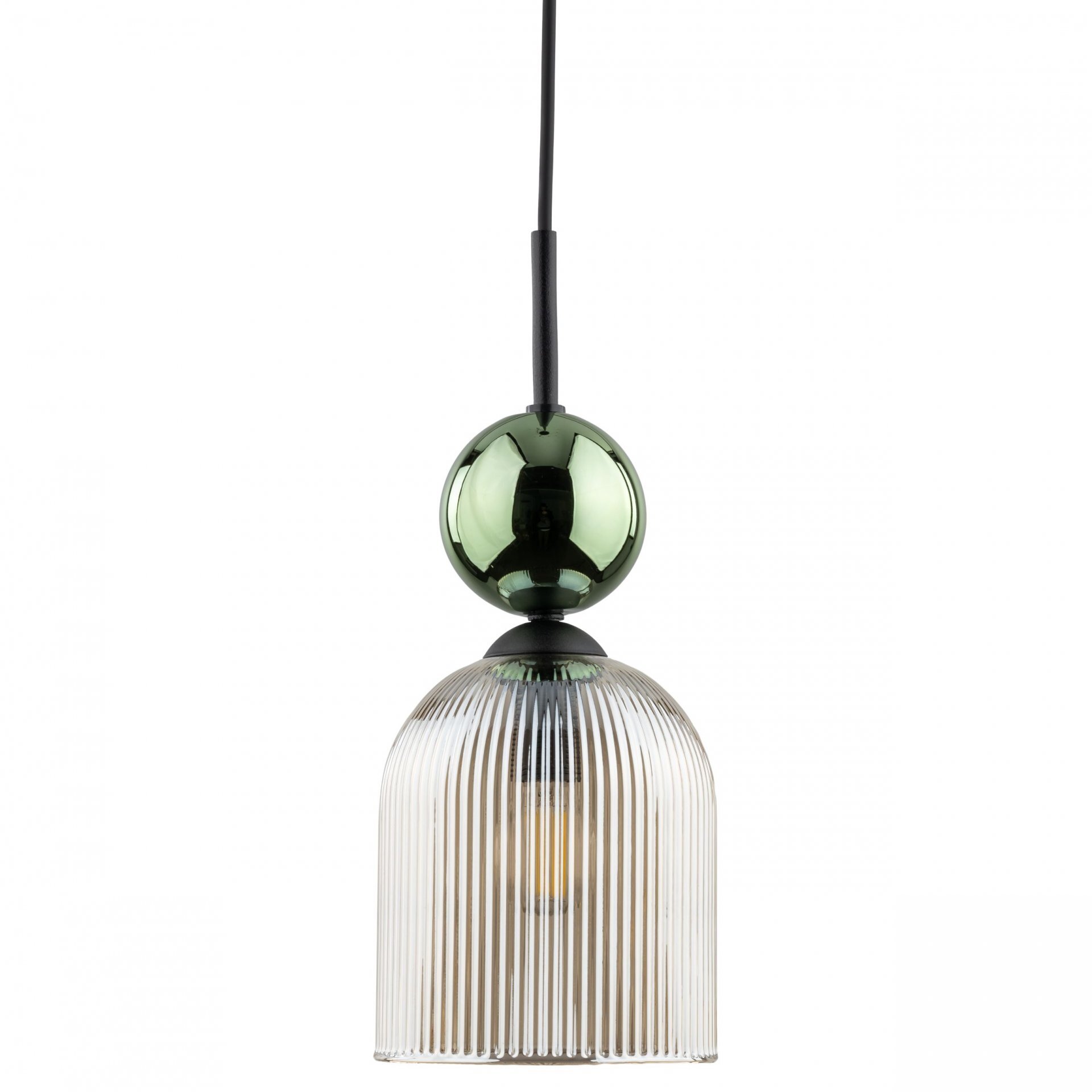 Lampa wisząca z zielono-bursztynowym szklanym kloszem o żebrowanej strukturze. Posiada dekoracyjny, zielony element nad kloszem i czarny przewód.