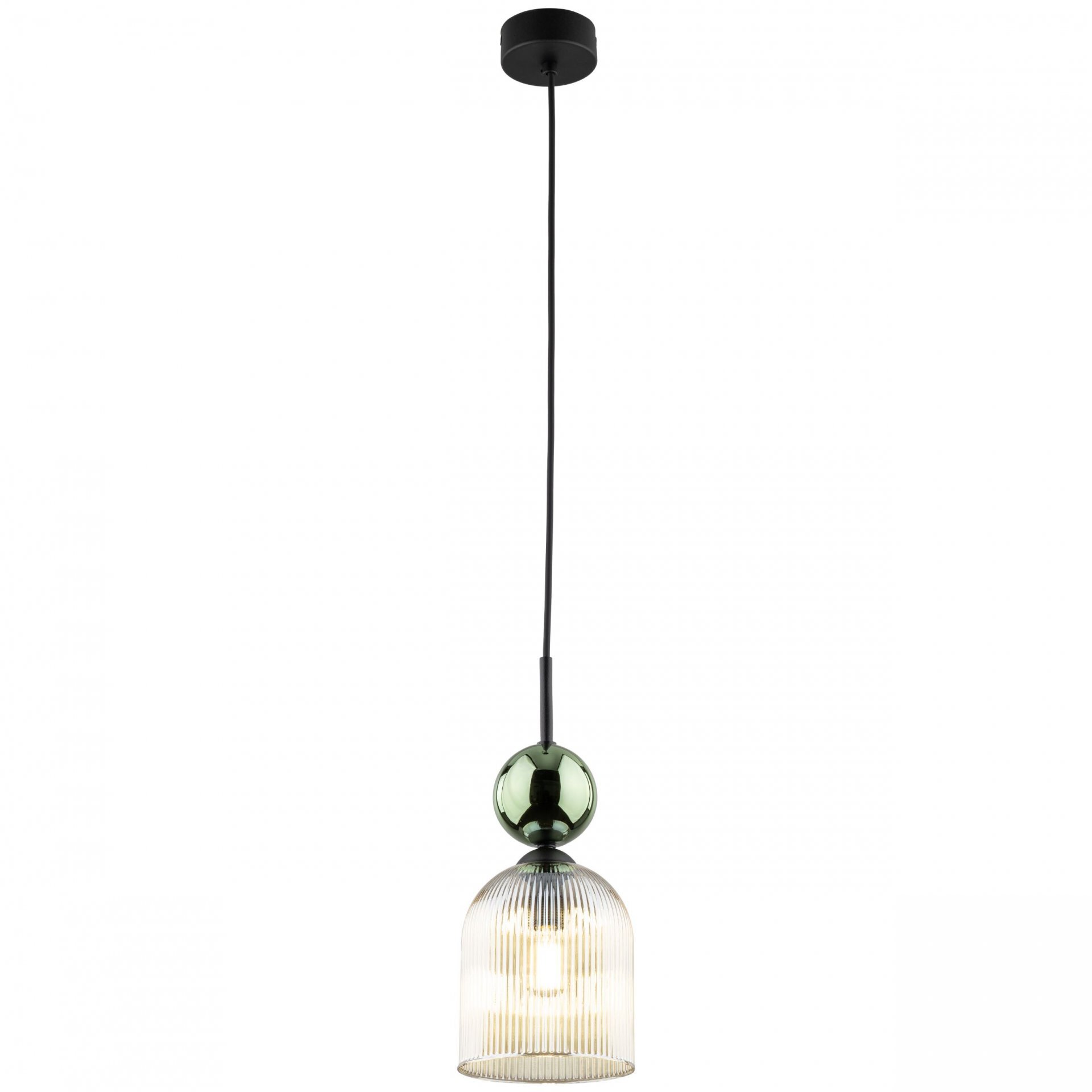 Lampa wisząca z zielono-bursztynowym szklanym kloszem i czarnym przewodem. Klosz ma prążkowaną strukturę, a nad nim znajduje się zielona, błyszcząca kula.
