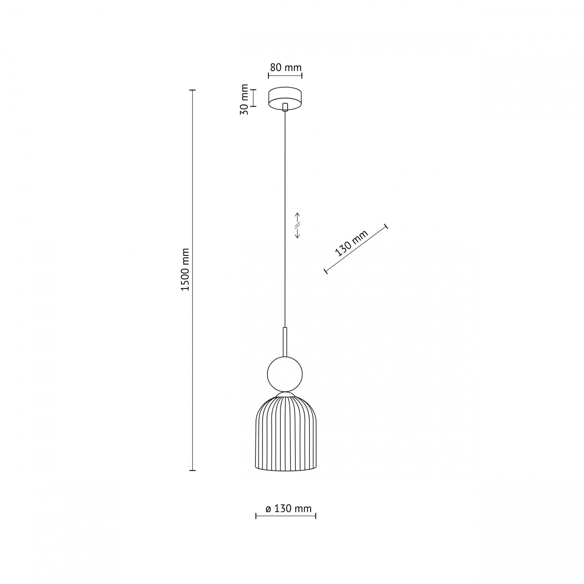 Schematyczny rysunek lampy wiszącej z wymiarami: wysokość całkowita 1500 mm, średnica klosza 130 mm, średnica podsufitki 80 mm, wysokość podsufitki 30 mm.