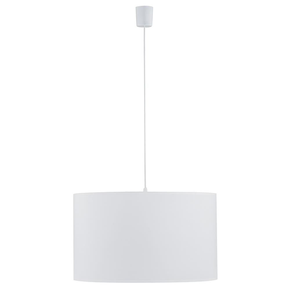 Biała lampa wisząca z cylindrycznym kloszem wykonanym z tkaniny i tworzywa, zawieszona na regulowanym przewodzie. Lampa posiada prosty, nowoczesny design.
