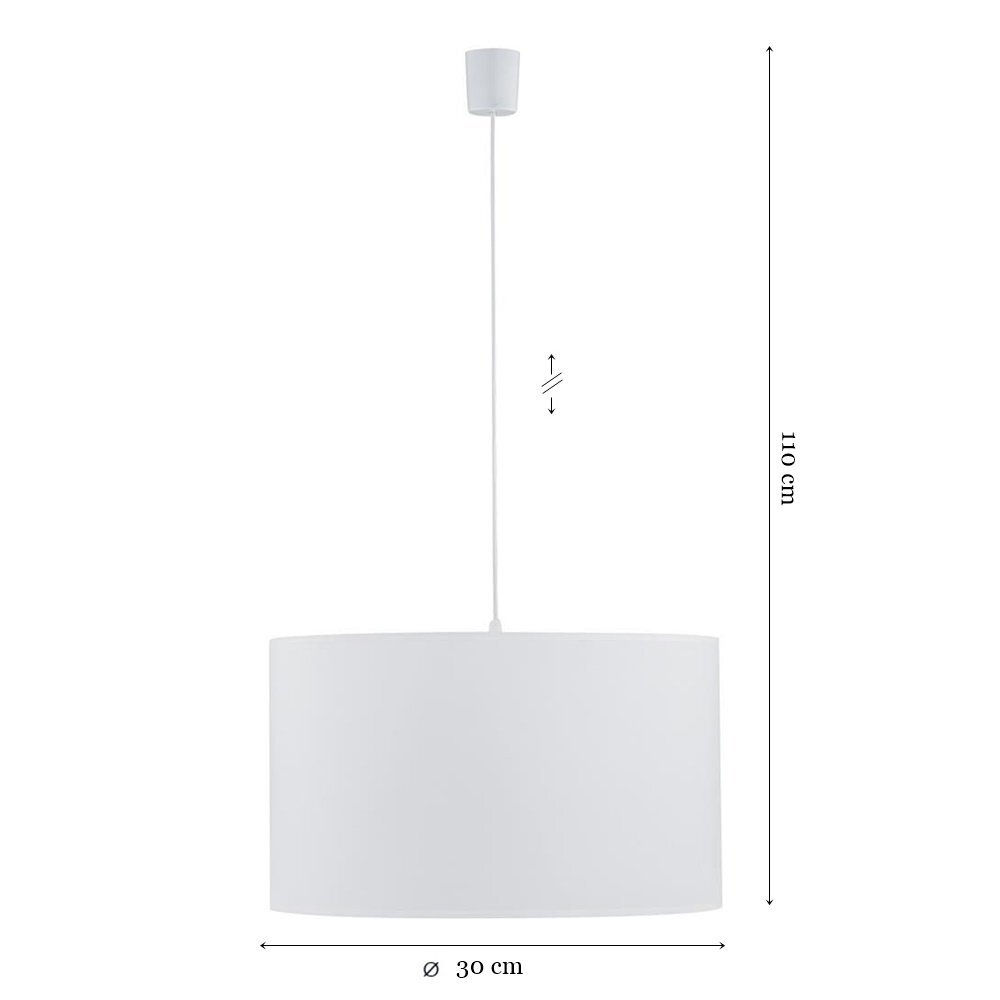 Biała lampa wisząca z cylindrycznym kloszem, wykonanym z tkaniny i tworzywa, z możliwością regulacji wysokości do 110 cm. Na obrazie widoczne są wymiary: średnica 30 cm i wysokość 110 cm.