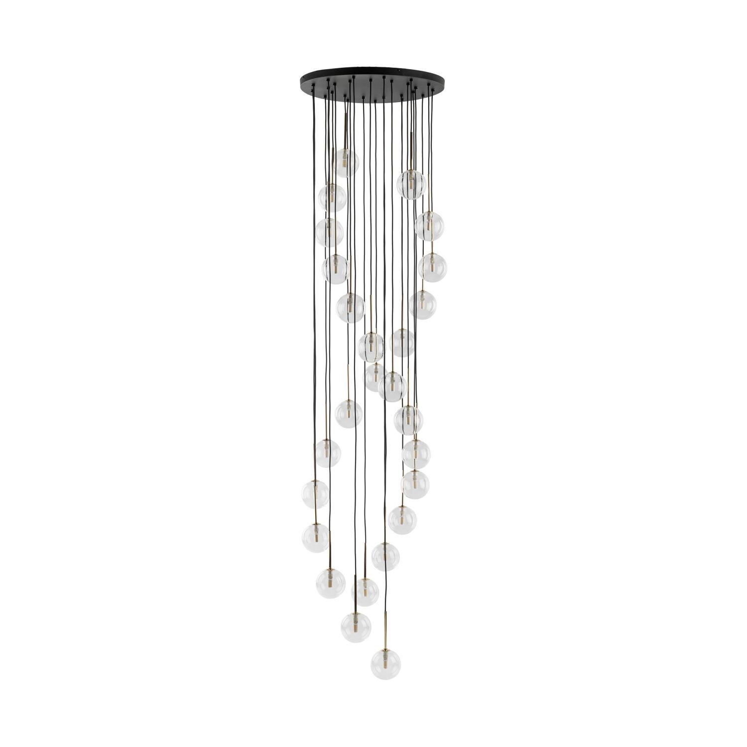 Duża lampa wisząca z czarną, okrągłą podstawą i wieloma przezroczystymi kulistymi kloszami zawieszonymi na cienkich przewodach. Klosze są rozmieszczone na różnych wysokościach, tworząc efekt kaskady.