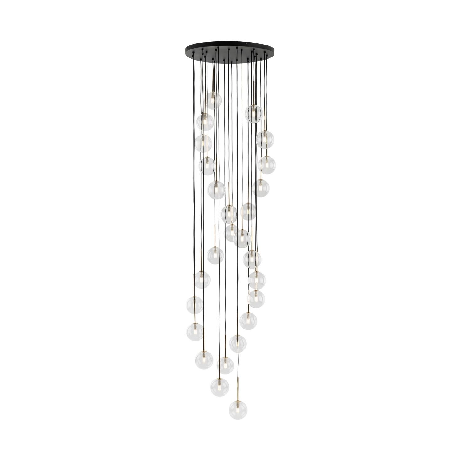 Duża lampa wisząca z czarną, okrągłą podstawą i wieloma przezroczystymi kulistymi kloszami zawieszonymi na cienkich przewodach. Klosze rozmieszczone są na różnych wysokościach, tworząc efekt kaskady.