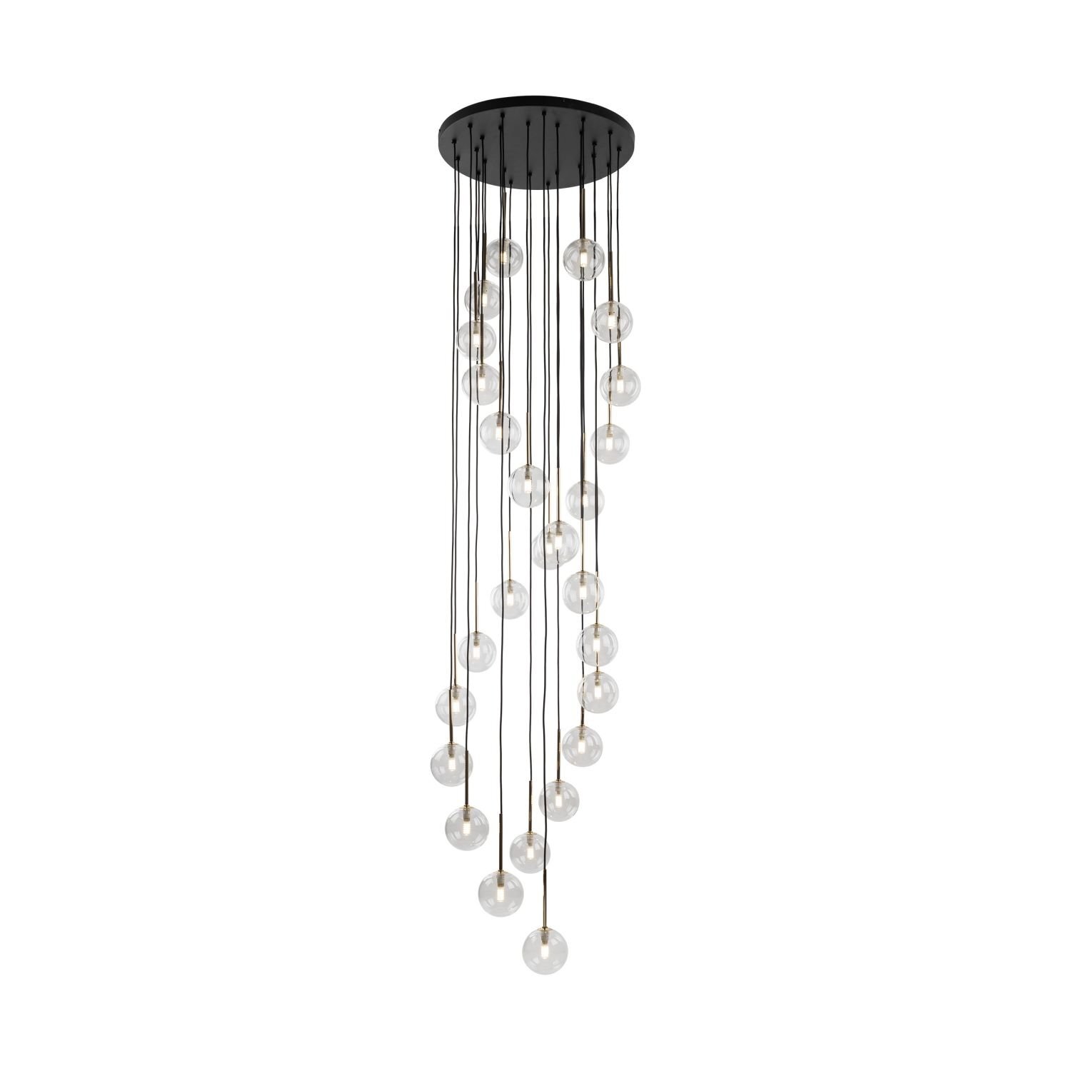 Duża lampa wisząca z czarną, okrągłą podstawą i wieloma przezroczystymi kulistymi kloszami zawieszonymi na cienkich przewodach. Klosze są rozmieszczone na różnych wysokościach, tworząc efekt kaskady.