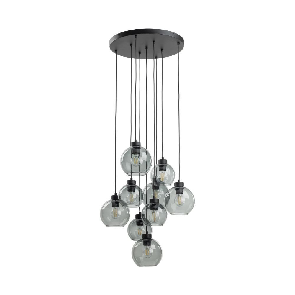 Lampa wisząca z dziewięcioma szklanymi kloszami w kolorze grafitowym, zawieszona na czarnych przewodach z okrągłej podsufitki. Klosze mają kształt kulisty, a wewnątrz widoczne są żarówki.