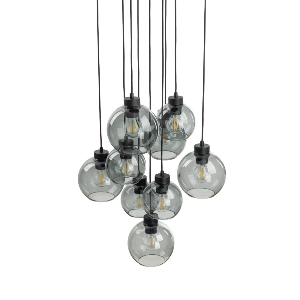 Na obrazie widoczna jest nowoczesna lampa wisząca z dziewięcioma przezroczystymi, kulistymi kloszami zawieszonymi na czarnych przewodach. Klosze mają widoczne żarówki wewnątrz, a całość utrzymana jest w czarno-grafitowej kolorystyce.