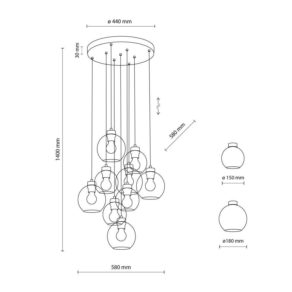 Schemat lampy wiszącej z dziewięcioma żarówkami, z wymiarami: wysokość 1400 mm, średnica 580 mm. Widoczne są również średnice kloszy: 150 mm i 180 mm.