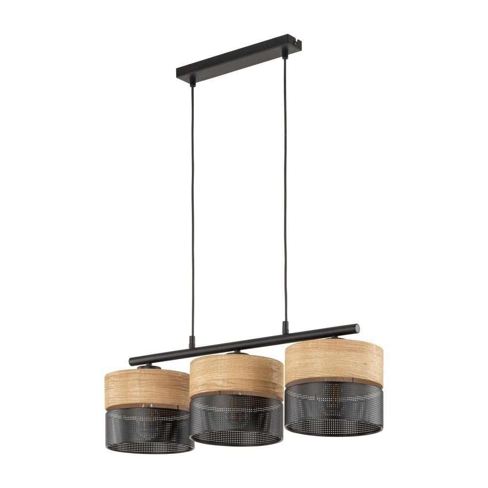 Lampa wisząca z trzema kloszami w kolorze czarno-brązowym, z perforowanym wzorem na dolnej części. Klosze są zamocowane na czarnej, poziomej belce z możliwością regulacji wysokości.
