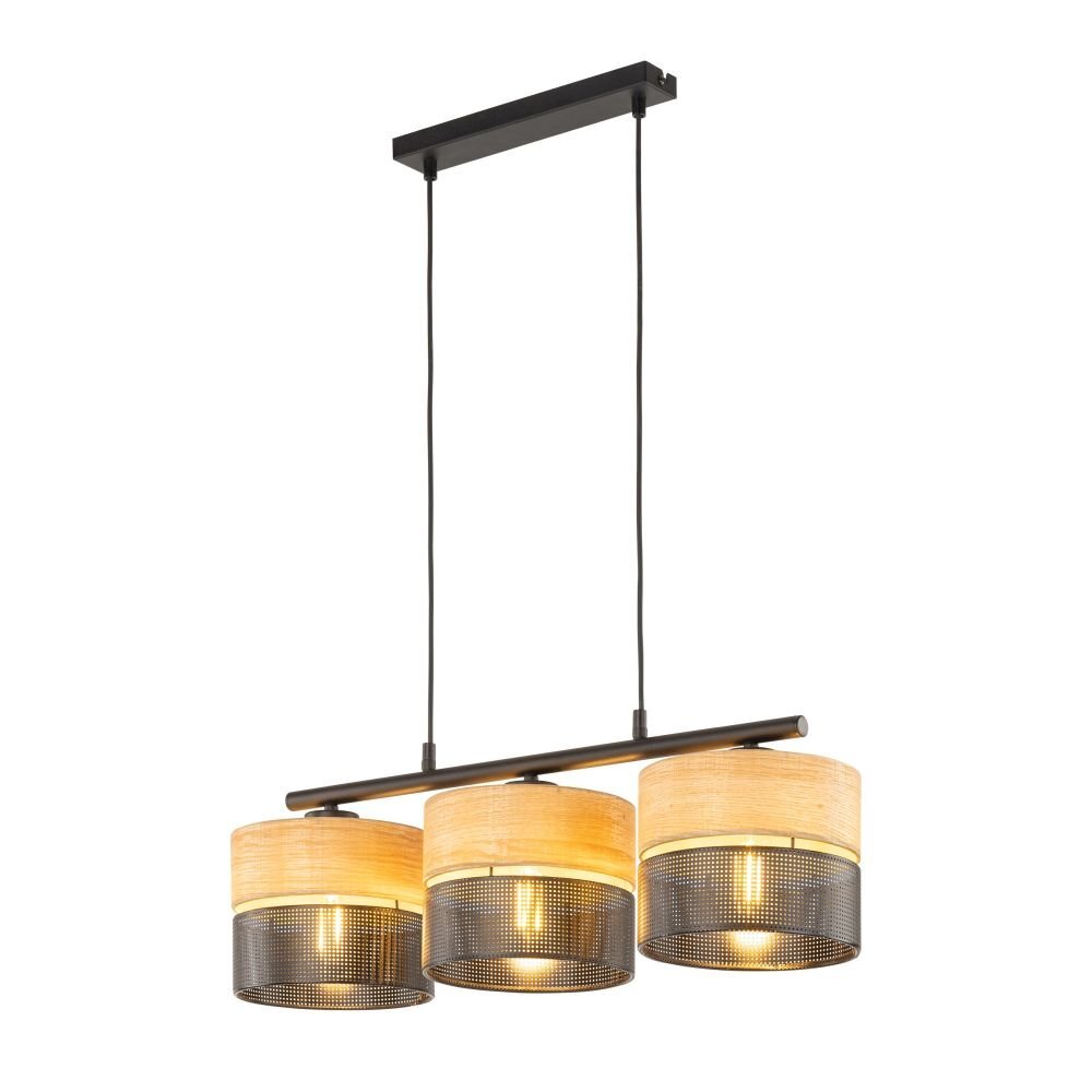Lampa wisząca z trzema kloszami w kolorze czarno-brązowym, zawieszona na prostokątnej listwie. Klosze mają perforowaną dolną część i gładką górną część, a całość jest zawieszona na regulowanych przewodach.