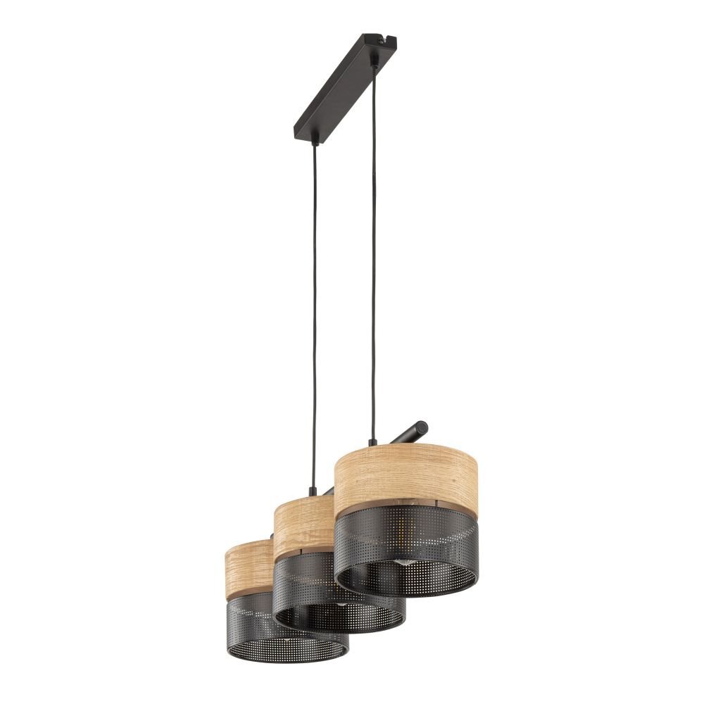 Lampa wisząca z trzema kloszami w kolorze czarno-brązowym, zawieszona na prostokątnej podsufitce. Klosze mają perforowaną strukturę i są połączone czarnymi przewodami.