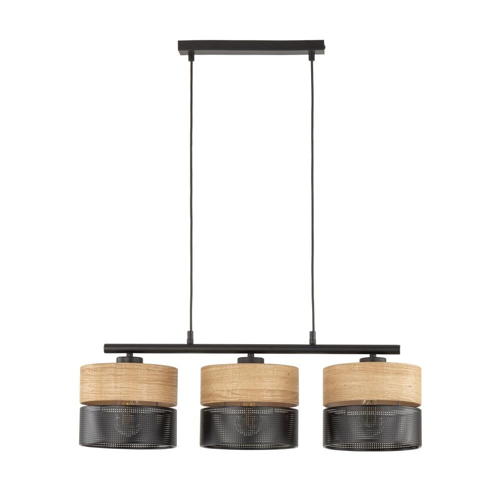 Lampa wisząca z trzema kloszami w kolorze czarno-brązowym, z perforowanymi elementami i drewnianymi akcentami. Konstrukcja zawieszona na dwóch czarnych przewodach z prostokątną podsufitką.
