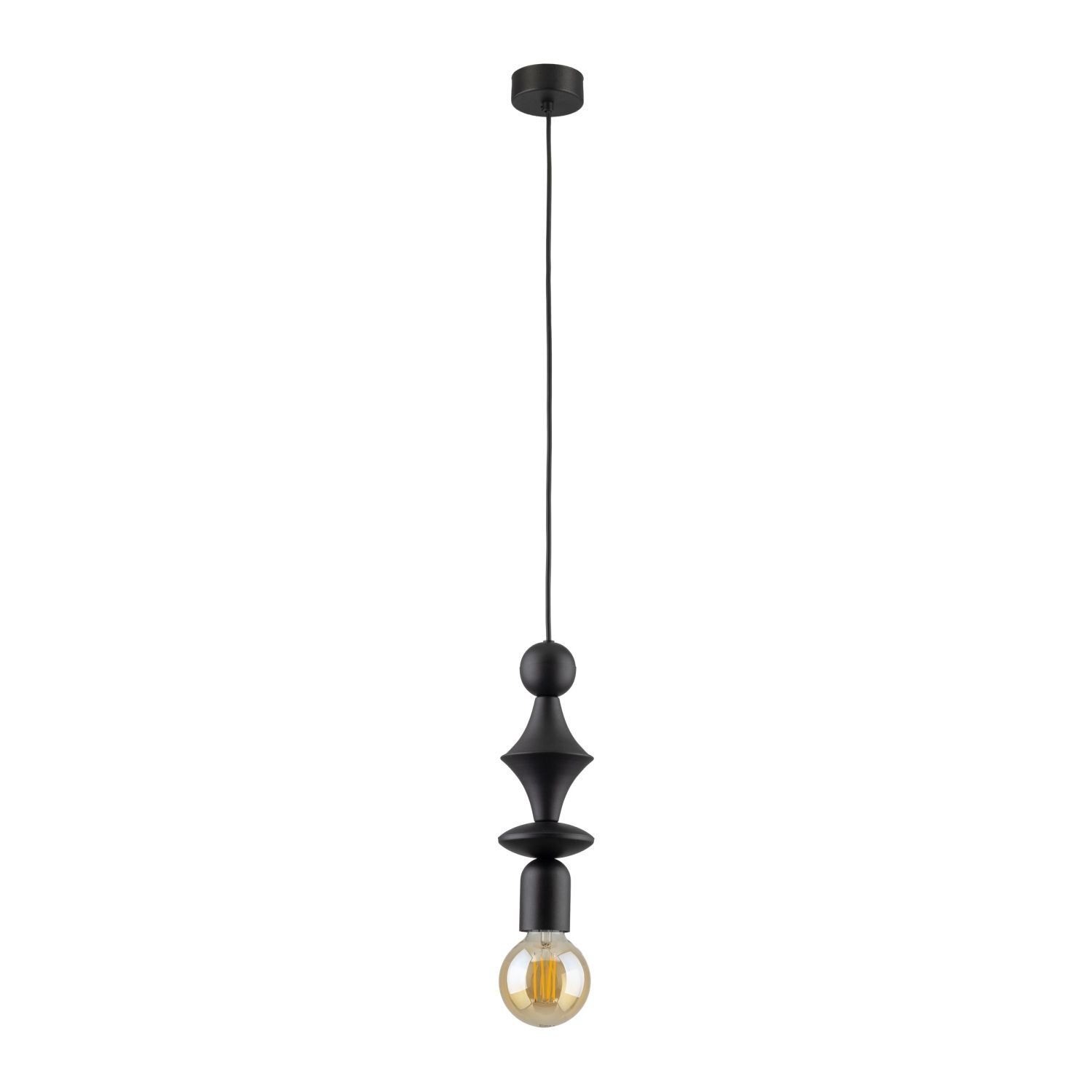 Czarna, metalowa lampa wisząca z ozdobnym trzonkiem i widoczną żarówką. Lampa ma regulowaną wysokość i nowoczesny design.